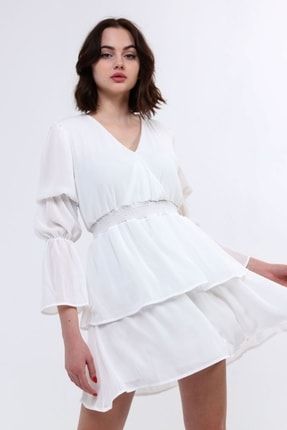 Kadın Beli Lastikli Şifon Mini Elbise Beyaz ELB8103Y0021