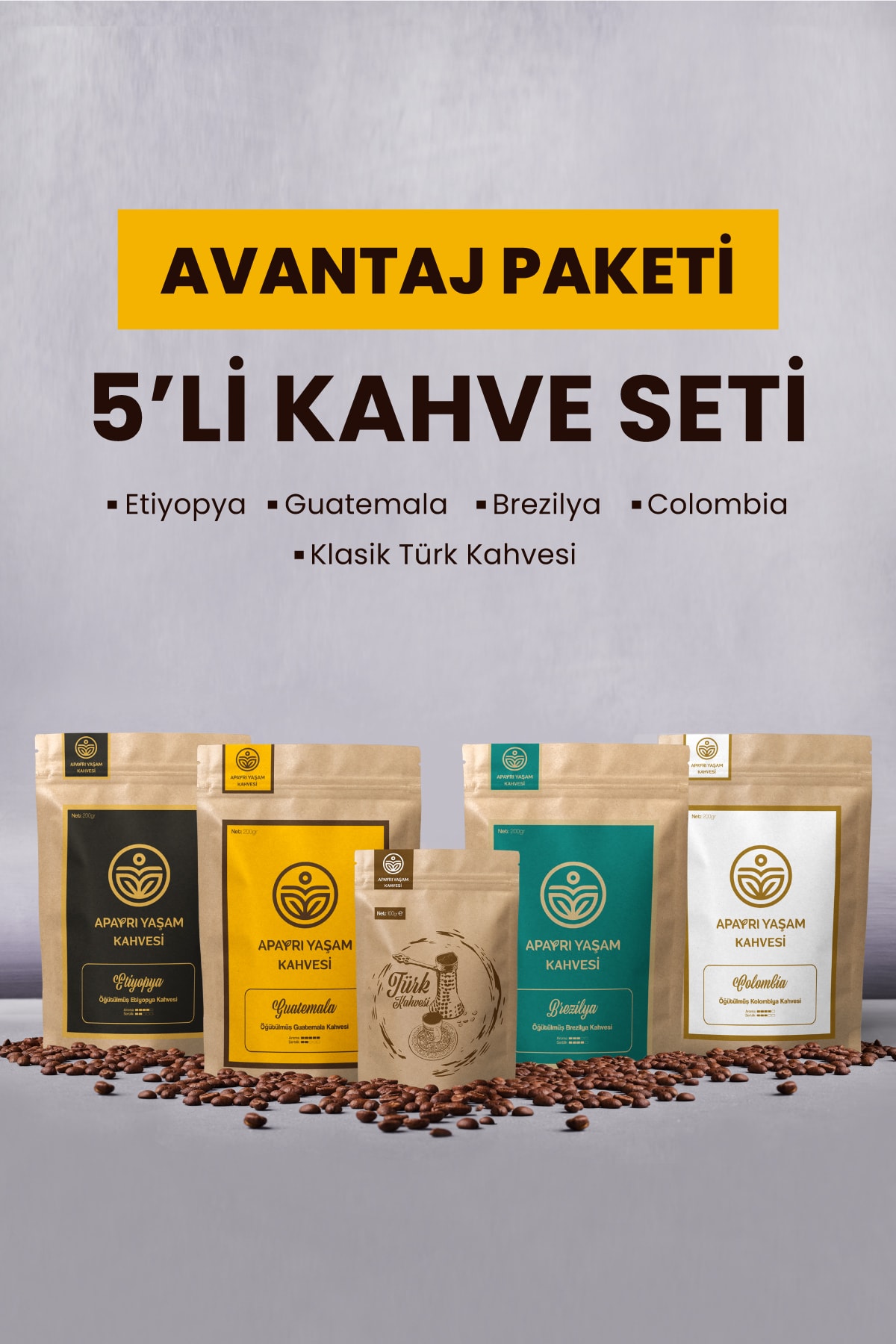 ApAyrı Yaşam 5'li Kahve Seti, Avantaj Paket Filtre Kahve Etiyopya, Guatemala, Brezilya, Kolombiya, Türk Kahvesi