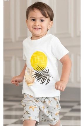 Erkek Bebek Bisiklet Yaka Desenli T-shirt Şortlu Ikili Bebek Takımı 22033