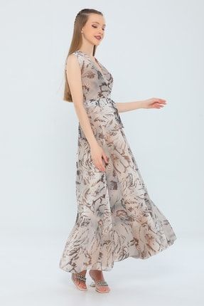 Bej Kadın Kruvaze Yaka Iç Astarlı Desenli Uzun Şifon Elbise P-039687
