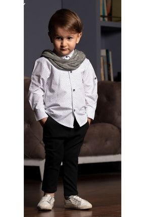 Erkek Bebek Fularlı Beyaz Gömlek Siyah Pantolonlu Bebek Takımı 22710