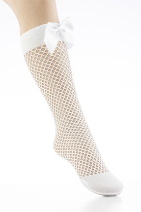 0-14 Yaş Kız Çocuk Kurdeleli Beyaz Uzun File Çorap NRLFSP176