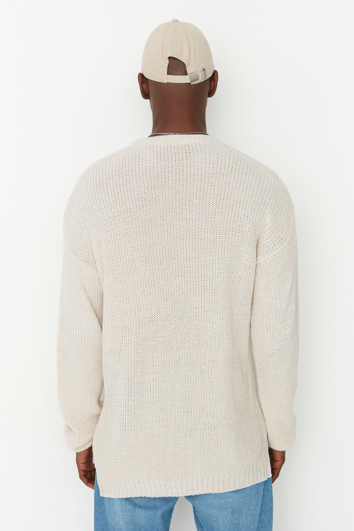 Trendyol Collection-Unisex Beige Oversize Knitwear Sweater - Crew Neck with Slit Detail Tmnaw21Kz0552 5