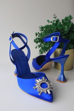Kadın Saks Mavi Saten Taşlı Topuklu Ayakkabı be2022105