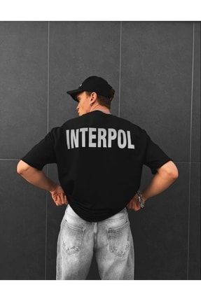 Erkek Siyah Interpol Baskılı Oversize Pamuklu Bisiklet Yaka T-shirt benisengiydirinterpoltişört