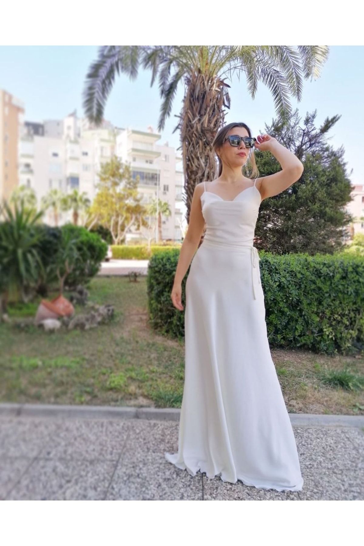 Plunging Neck Crepe Satin White Dress