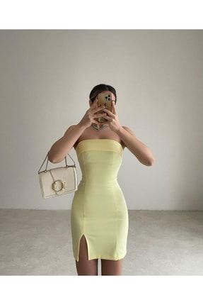 Straplez Yaka Mini Yırtmaçlı Santana Elbise - Sarı T3290