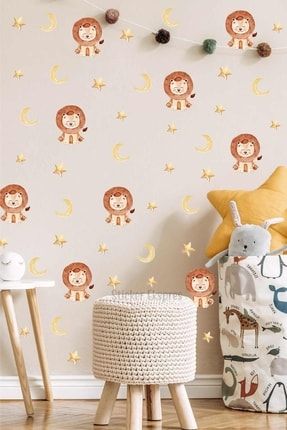 Sevimli Aslan Ay Ve Yıldızlar Çocuk Odası Duvar Sticker Seti SSTCKREKSP539