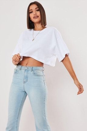 Enitmall Kadın Beyaz Oversize Crop T-shirt BT46SD584A