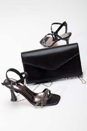 Kadın Siyah Taşlı Ayakkabı & Çanta Kombini - Ince Topuklu Ayakkabı & Çanta Takımı - Topuk 8 Cm RCTR-KOMBİN-0004