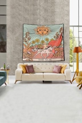 Bej The Sun Tarot Kartı Leke Tutmaz Kadife Kumaş Duvar Örtüsü Duvar Halısı Tapestry WLLROT10
