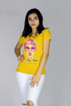 Kadın Sarı Lolipop Baskılı Bisiklet Yakalı Basic Kısa Kollu T-shirt A1012