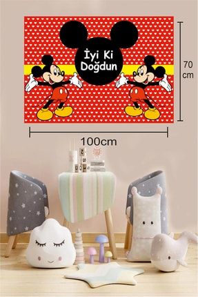 Çocuk Mini Mouse Temalı Kalp Detaylı Doğum Günü Partisi Afişi Kırmızı Kağıt Tablo 70*100 has1002006