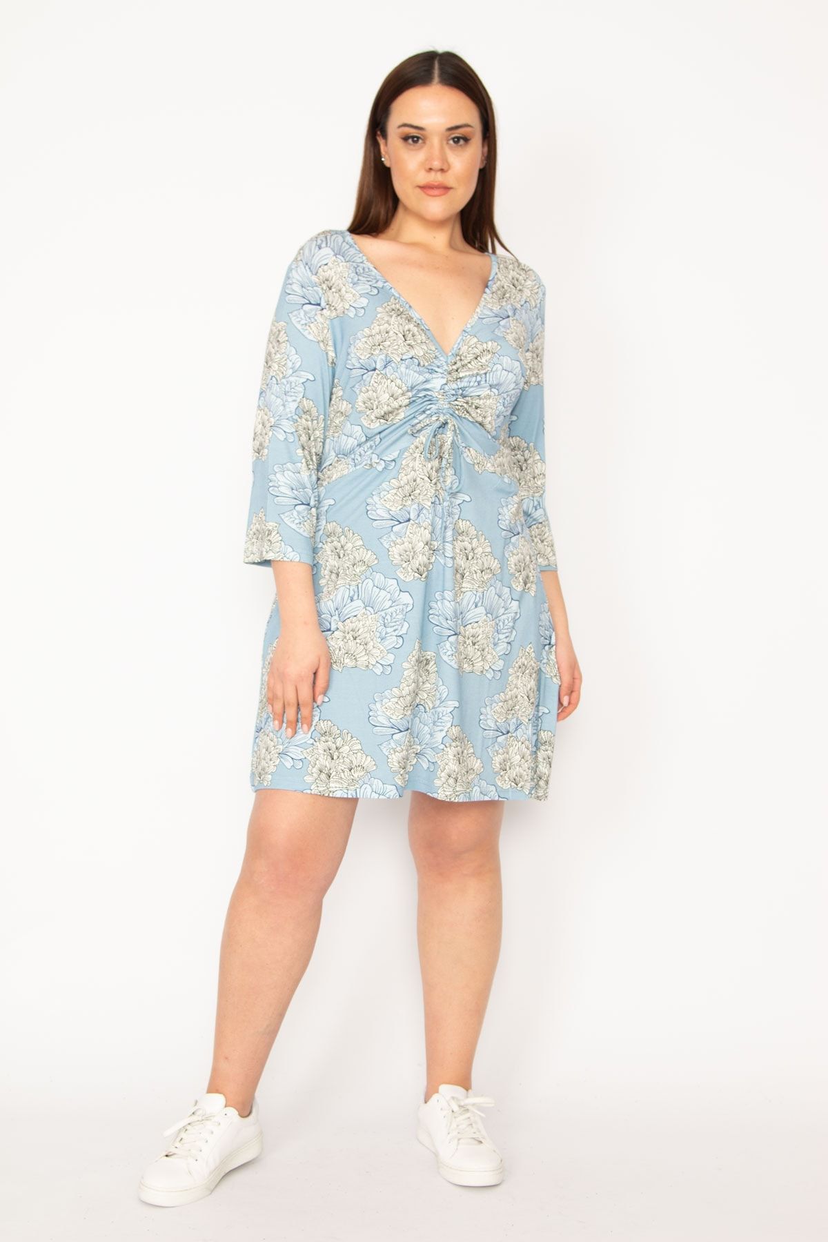 Şans-Women's Plus Size Blue Chest Gather Detailed Tunic 65n32937 4