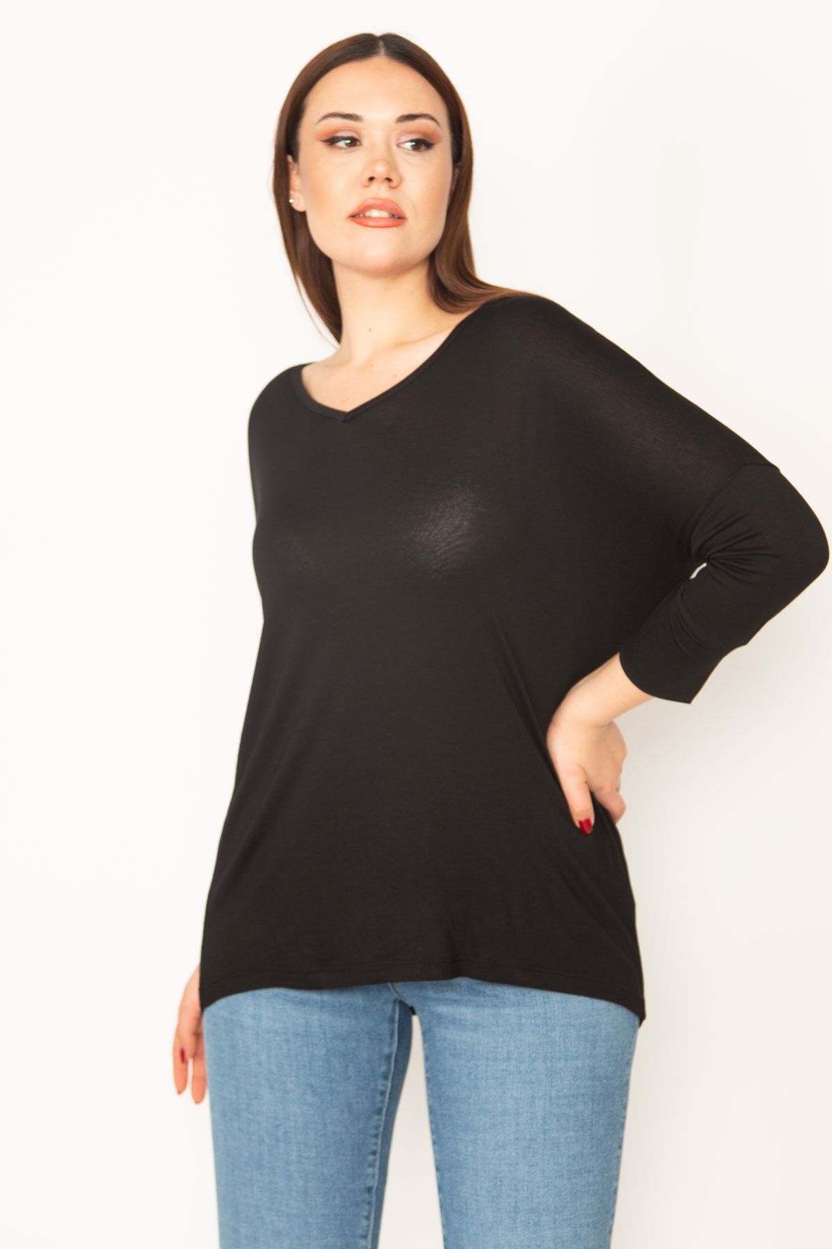 Şans Women's Large Size Black V-Neck Long Sleeve Basic Blouse