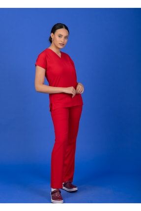 Unisex Kalıp Kırmızı Likralı Hemşire / Doktor Forması Scrubs Takım BSR-12304