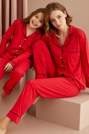 Kırmızı-siyah Pamuklu Likralı Düğmeli Cepli Biyeli Uzun Kollu Pijama Takımı 7554
