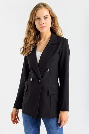 Kadın Siyah Renk Düğme Detaylı Uzun Kol Şık Ofis Süs Cep Kapaklı Blazer Ceket 37013