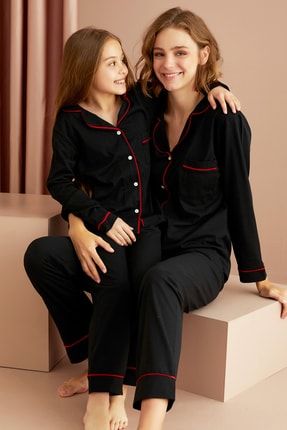 Siyah-Kırmızı Pamuklu Likralı Düğmeli Cepli Biyeli Uzun Kollu Pijama Takımı 7554