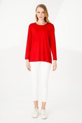 Kadın Sıfır Yaka Uzun Kol Basic Penye Bluz Kırmızı 20782