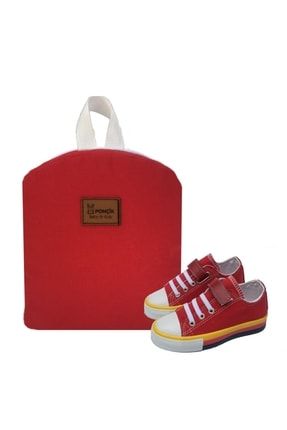 Kırmızı Keten Çocuk Sırt Çantası Ve Ayakkabı Kombin pnc140