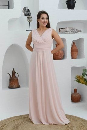 Carmen Somon Şifon V Yaka Uzun Abiye Elbise PC54506