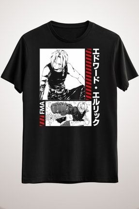 Unisex Siyah Fullmetal Alchemist Edward Elric Anime T Shirt KO2947
