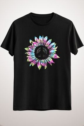 Unisex Siyah Tie Dye Peace Sign Sunflower Hippie Uplifting Happy Positive KO4691