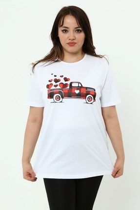 Büyük Beden Araba Baskılı T-shirt Beyaz TST0020Y0030