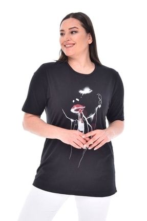 Büyük Beden Kız Baskılı T-shirt Siyah TST0026Y0030