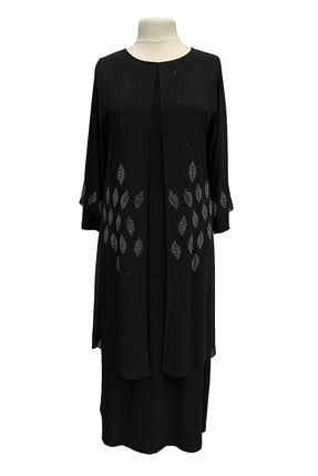 Siyah Şık Yaprak Desen Taş Işlemeli Şifon Anne Abiye Elbise 000114