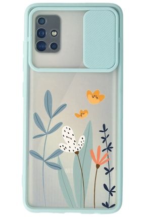 Samsung Galaxy A71 Su Yeşili Kamera Korumalı Sürgülü Çiçek Baskılı Silikon Kılıf çiçekslider_187