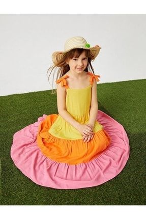 Kız Çocuk Renk Bloklu Askılı Midi Elbise KTNKC.00455