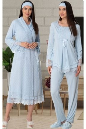 Kadın Mavi Triko Sabahlıklı Prenses Kollu Lohusa Hamile Sabahlık Pijama Takımı Gecelik Set 5571