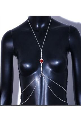Silver Kırmızı Kristal Taşlı Vücut Aksesuarı Göğüs Bikini Sütyen Zinciri 00117