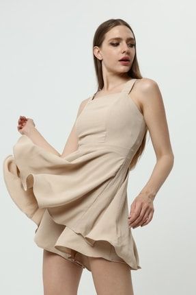 Kadın Ayrobin Kumaş Şortlu Elbise Bej vennigar-22356