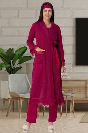 Kadın Fuşya Triko Sabahlıklı Prenses Kollu Lohusa Hamile Sabahlık Pijama Takımı Gecelik Set 5571