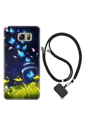 Samsung Galaxy Note 5 Kılıf Desenli Silikon Boyun Askılı Neon Butterflys 1309 iplifulyeniserinote57t1