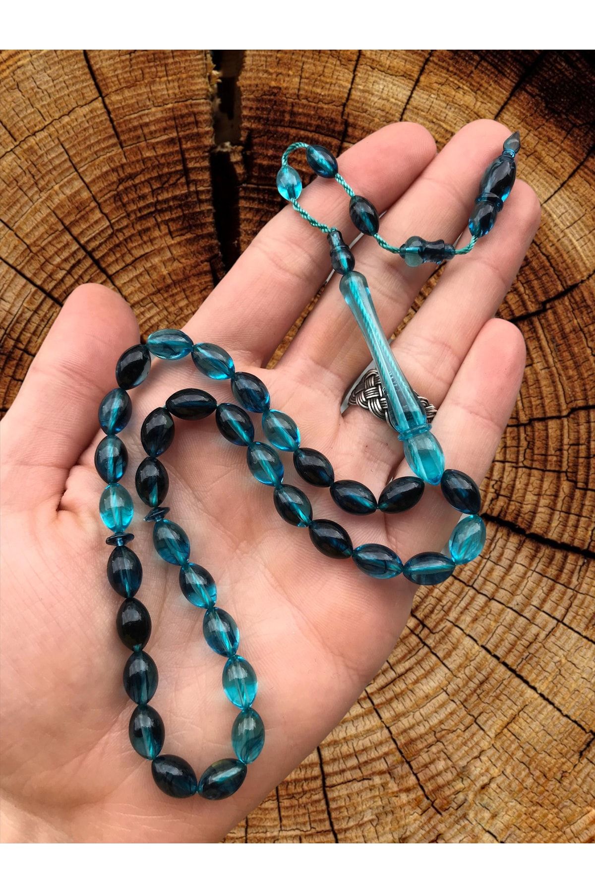 KANUNİ TESBİH-Happy Birthday with Wooden Box, Petrol Blue Moire System, Tasseled Prayer Beads 2