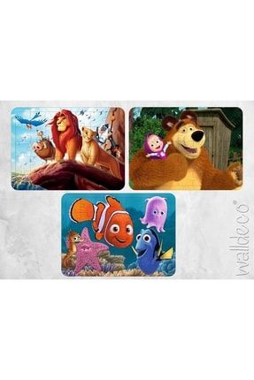 3' Lü Set Maşa Ile Koca Ayı-kayıp Balık Nemo-aslan Kral 35 Parça Ahşap Çocuk Puzzle wallpuzzle028