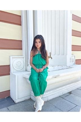 Kız Çocuk Boyun Bağlamalı Yeşil Renkli Dokuma Tulum H0511