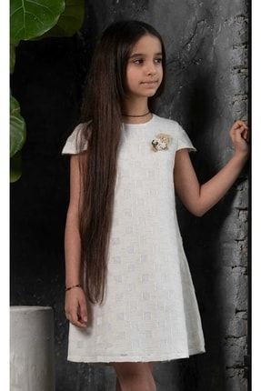 Kız Çocuk Çiçek Broşlu Fermuarlı Organik Astarlı Keten Kumaş Bej Elbise 42706