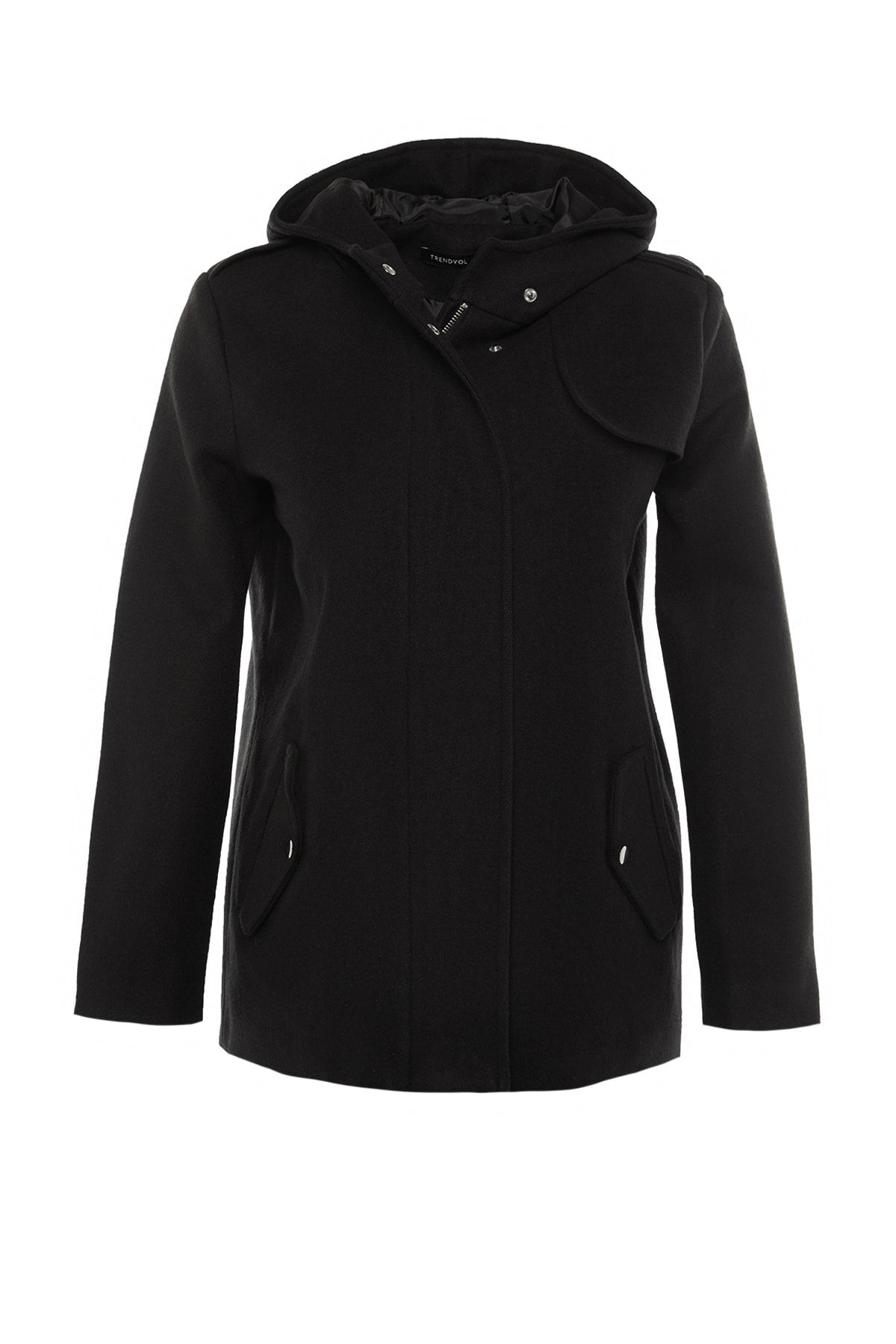 Trendyol Collection-Palton negru cu glugă, cu fermoar, ștampilă TWOAW21KB0015 10