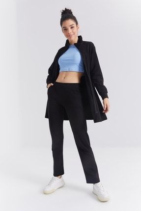 Siyah Dik Yaka Fermuarlı Rahat Form Klasik Paça Kadın Eşofman Tunik Takım - 95312 T12BY-95312