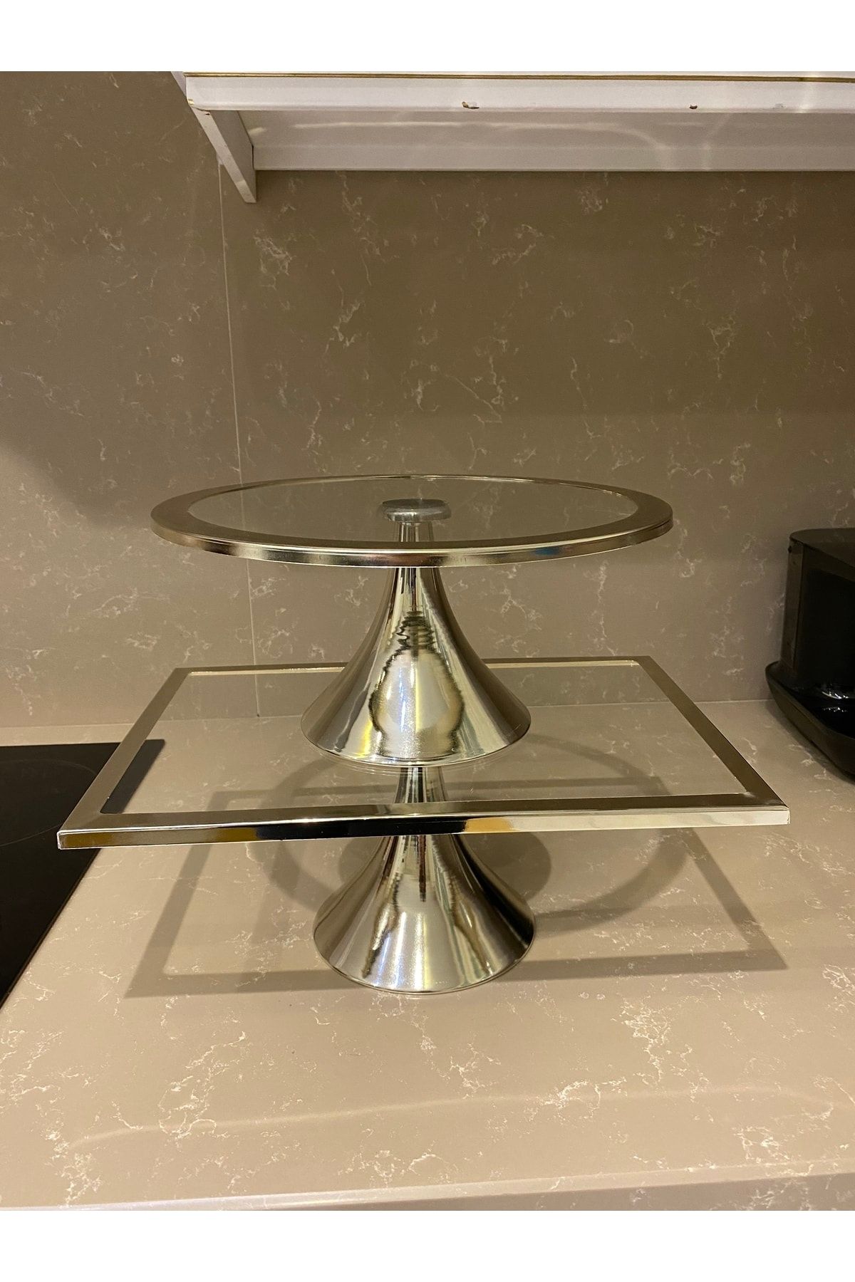 Liya-Silver Cake Stand Round And Rectangular Cake Holder Set 1