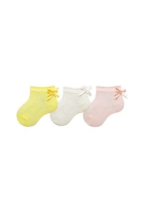 3'lü Çift Fiyonk Aksesuarlı Patik Bebek Çorabı ONL-01751