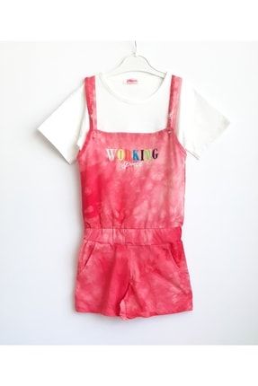 Kırmızı Batik Desenli Kız Çocuk Tarz Tulum Salopet ve Tshirt 293127-1