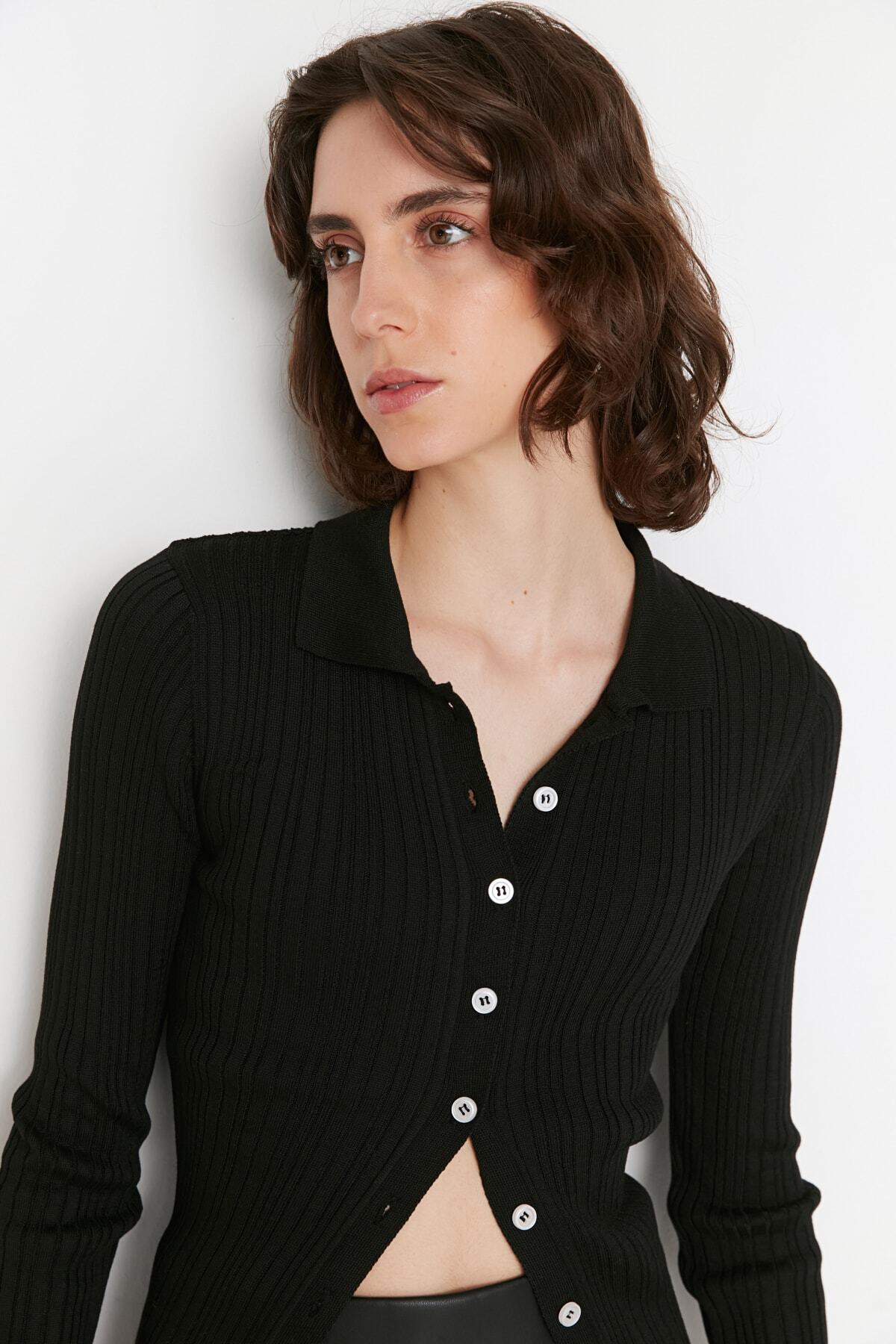 Trendyolmilla  Siyah Merserize Görünümlü Fitilli Polo Yaka Triko Hırka TWOAW20HI0070 - Görsel 3