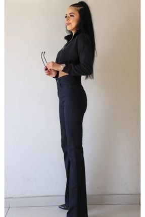 Kadın Siyah Yüksek Bel Ispanyol Paça Solmayan Jeans Kot Pantolon AGATHA2104ESPN100