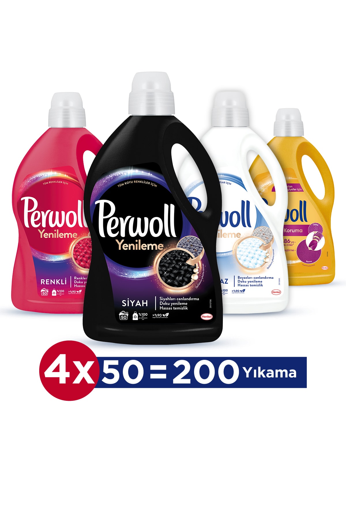 Perwoll Hassas Bakım Sıvı Çamaşır Deterjanı 4 x 3L(200 Yıkama)Siyah + Renkli + Bakım Onarım + Beyaz Yenileme